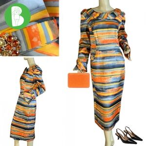 LILLY & TAYLOR ORANGE, YELLOW & GRAY STRIPED WIGGLE DRESS WITH JEWEL CUFFS (8)